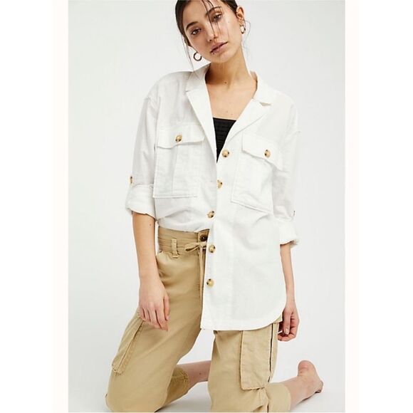 Free People Sunshine In My Pockets Linen Cotton Button-up Shirt Shacket -Size S - Picture 2 of 11